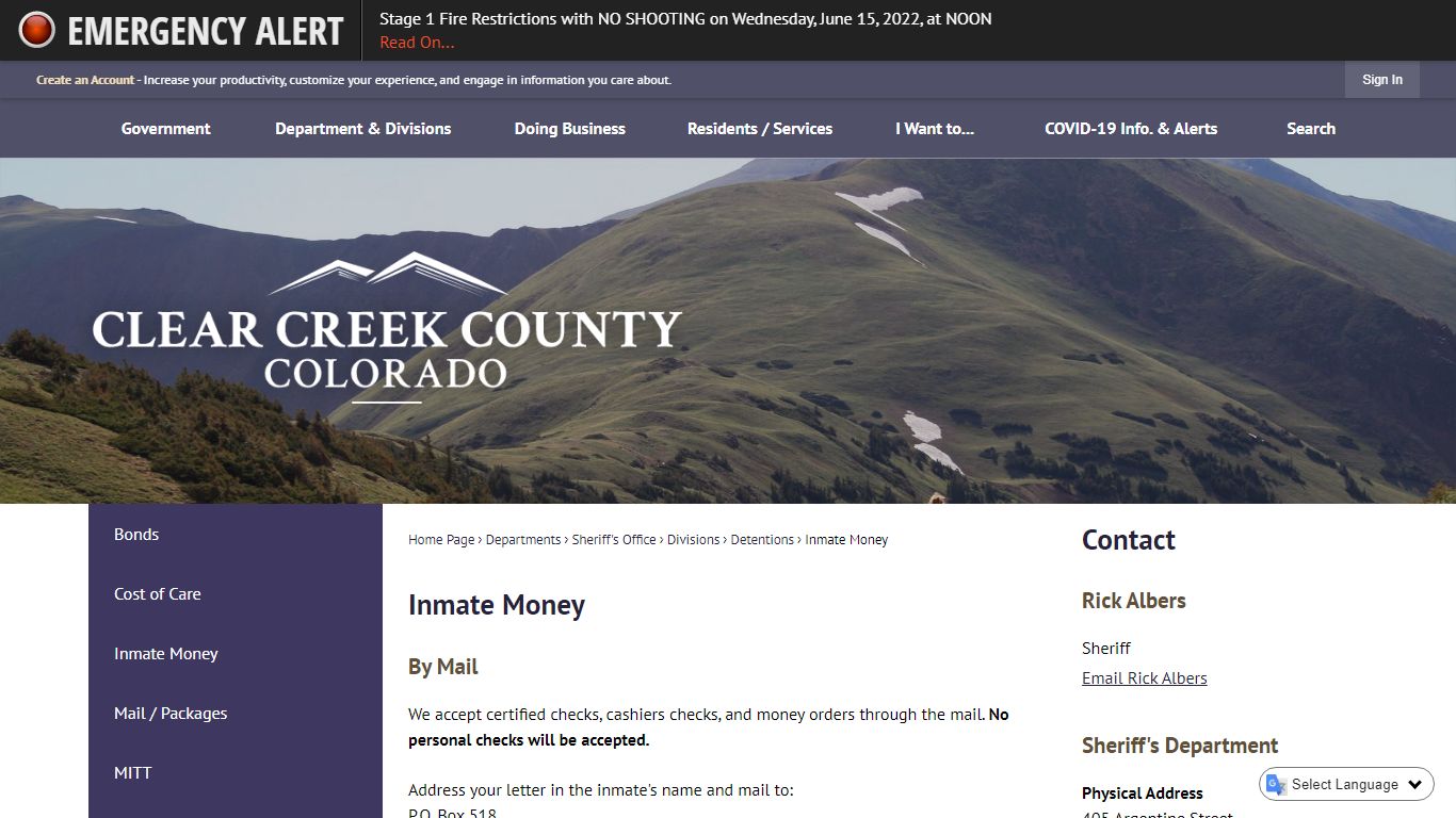 Inmate Money | Clear Creek County, CO - Official Website